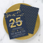 25周年記念の青い光結婚列 招待状<br><div class="desc">暗エレガント色の背景に光の列と金ゴールドの「25」フェイクと白の「年の組み合わせ」を取り入れた25周年記念パーティの招待状。カードはマッチング・パターン・バック側を含む。スタンプやスタンプなどのアイテムをチェックするhttps://www.zazzle.com/collections/strings_of_lights_faux_gold_celebration_collection-119311942951401241?rf=238364477188679314情報を追加するためにプレースホルダ文字を置き換えてカスタマイズする。その他のオプクリックションは「カスタマイズ」ボタン。*ズームプレビューに表示されるZazzle透かしは、最終印刷製品には表示されないことに注意。©ローズウッド、柑橘類</div>