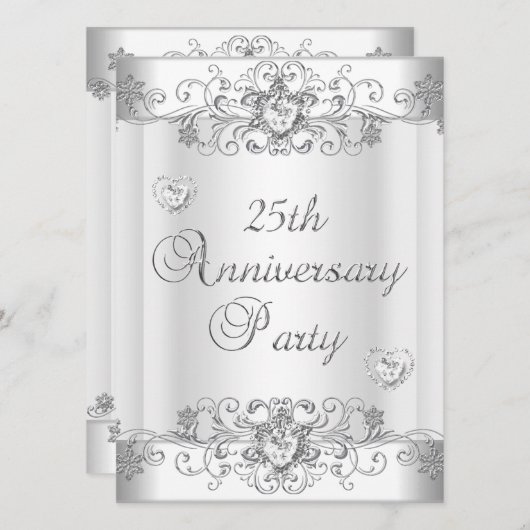 25周年記念シルバー ホワイト ダイヤモンド ハート 招待状 (正面/裏面)