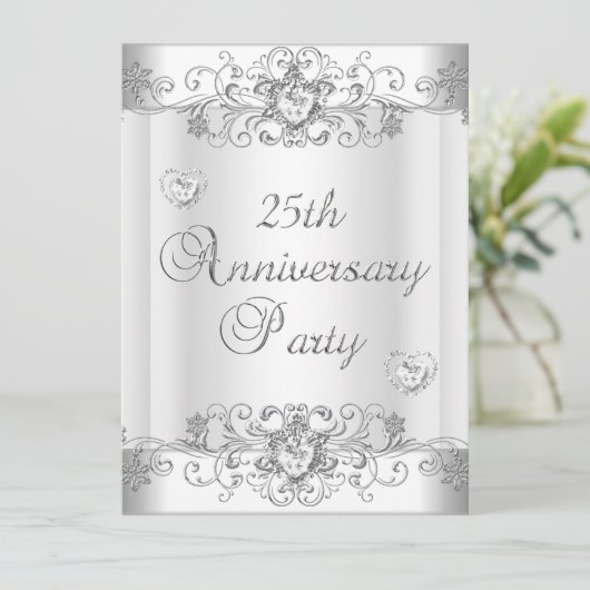 25周年記念シルバー ホワイト ダイヤモンド ハート 招待状 (スタンド正面)