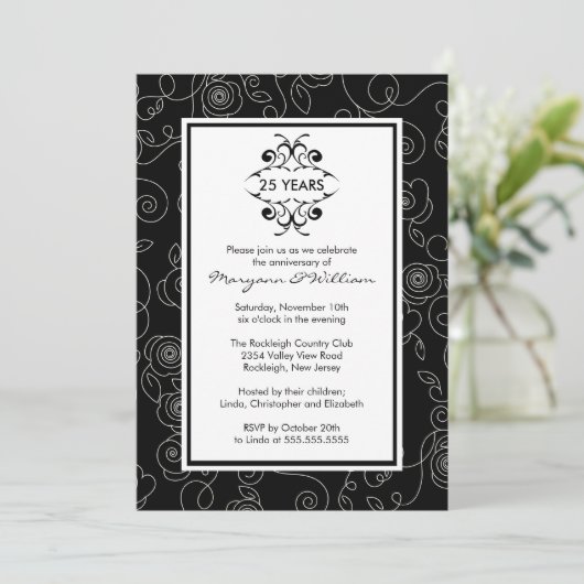 25周年記念パーティの招待状ブラック&ホワイト 招待状 (スタンド正面)