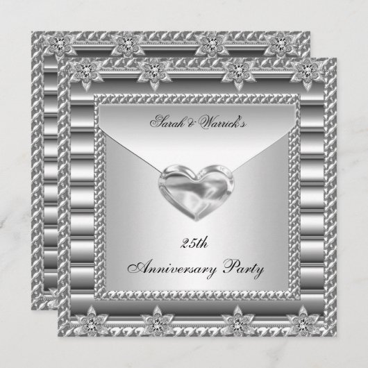 25周年記念パーティーシルバーホワイトハートジュエル3 招待状 (正面/裏面)