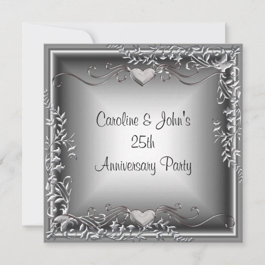 25周年記念パーティーブラックシルバーフローラハート 招待状 (正面)