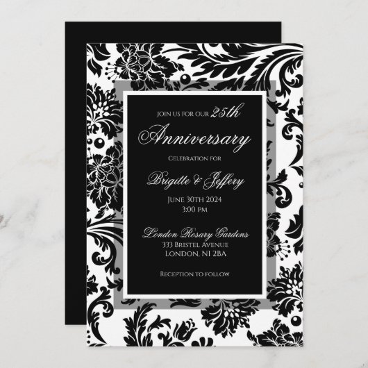 25周年記念ブラック&ホワイトダマスクカスタム 招待状 (正面/裏面)