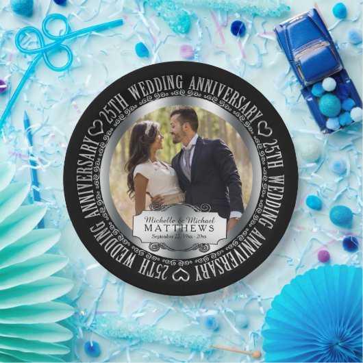 25周年記念写結婚真（写真）黒シルバートーン ペーパープレート (パーティー)