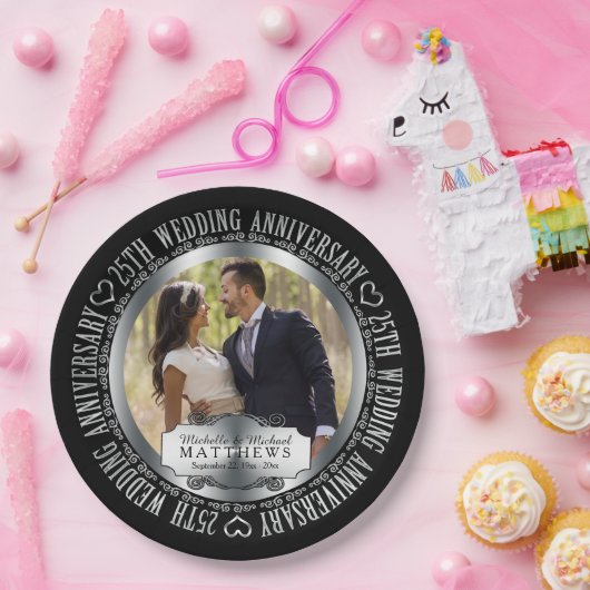 25周年記念写結婚真(写真)黒シルバートーン ペーパープレート (パーティー)