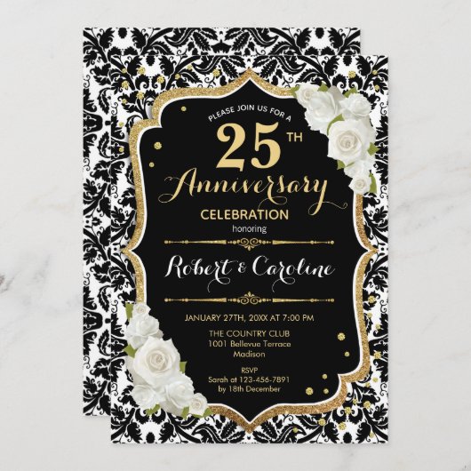 25周年記念招待状-白黒金ゴールド 招待状 (正面/裏面)