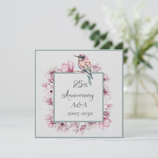 25周年記念水彩ピンクの花と鳥 招待状 (スタンド正面)