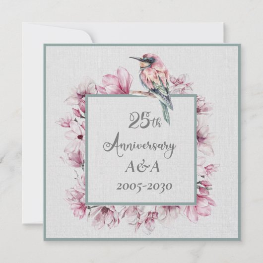 25周年記念水彩ピンクの花と鳥 招待状 (正面)