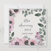 25周年記念水彩ピンクの花と鳥 招待状 (正面)