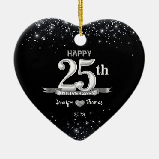 25周年記念結婚グリッターシルバーカスタム セラミックオーナメント (正面)