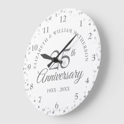 25周年記念結婚シルバーハート紙吹雪 ラージ壁時計 (傾斜)