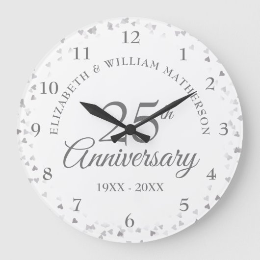 25周年記念結婚シルバーハート紙吹雪 ラージ壁時計 (正面)
