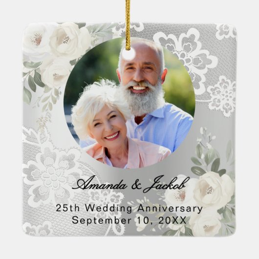 25周年記念結婚シルバー写真花模様レース セラミックオーナメント (裏面)