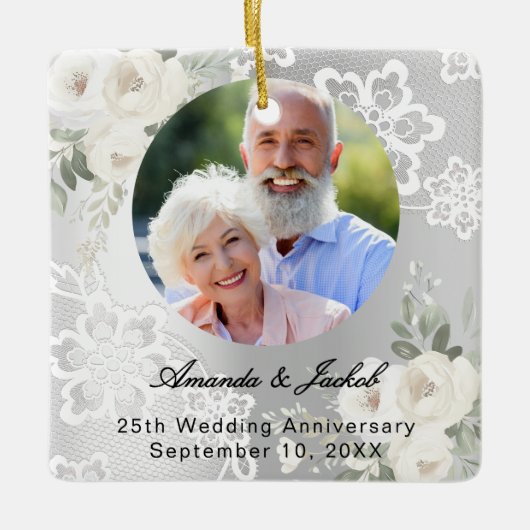 25周年記念結婚シルバー写真花模様レース セラミックオーナメント (正面)