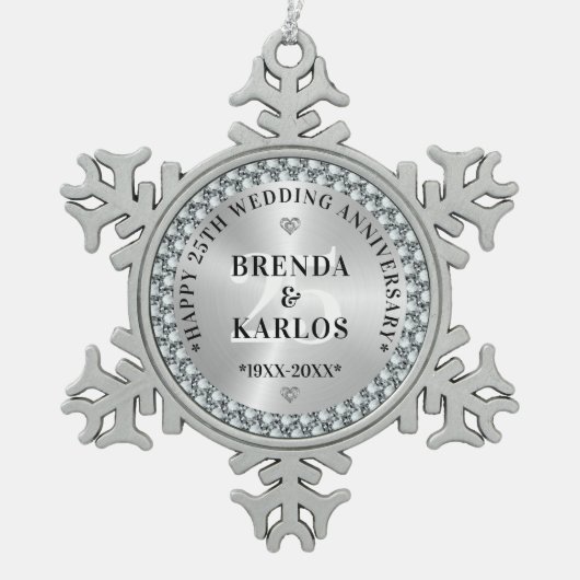 25周年記念結婚シルバー&ホワイトダイヤモンド2 スノーフレークピューターオーナメント (正面)