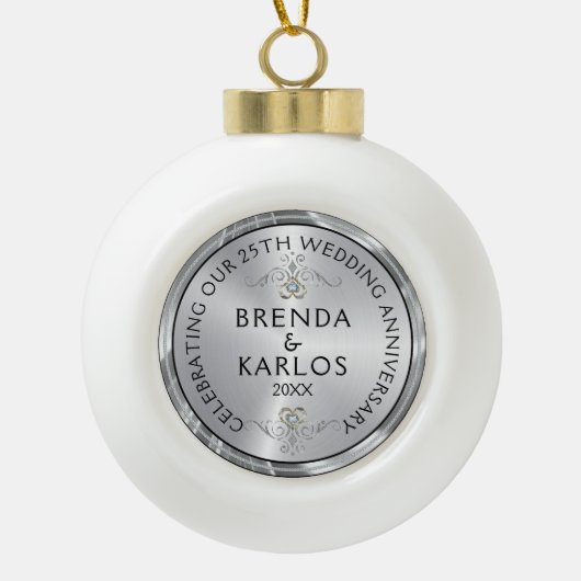 25周年記念結婚シルバー&ホワイトダイヤモンドc セラミックボールオーナメント (正面)