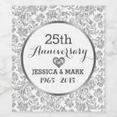 25周年記念結婚シルバー&ホワイト・ダマスク ワインラベル (シングルラベル)