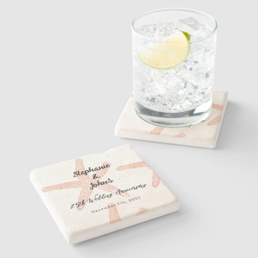 25周年記念結婚スターフィッシュ名前をカスタムするギフト ストーンコースター (横)