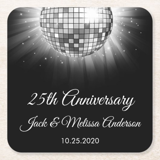 25周年記念結婚パーティーシルバーディスコボール スクエアペーパーコースター (正面)