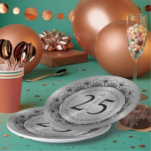 25周年記念結婚ブラックレース&金ゴールド ペーパープレート (複数)