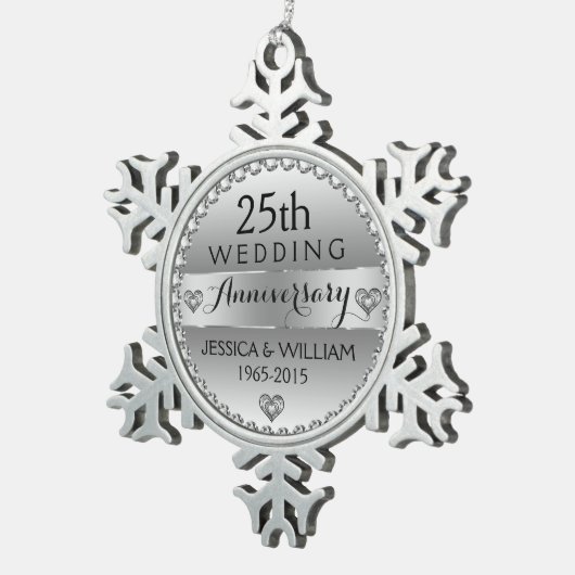 25周年記念結婚ホワイトダイヤモンド&シルバー スノーフレークピューターオーナメント (右)
