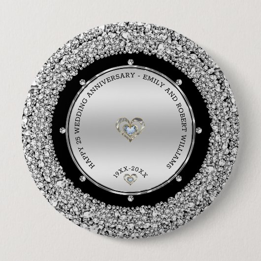 25周年記念結婚ホワイトダイヤモンド&シルバー 缶バッジ (正面)