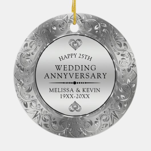 25周年記念結婚光沢のあるフローラシルバーフレーム セラミックオーナメント (裏面)