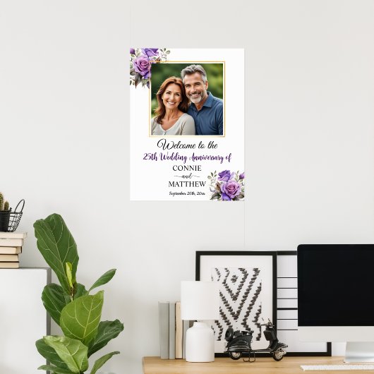 25周年記念結婚金ゴールド枠パープルバラ ポスター (ホームオフィス)