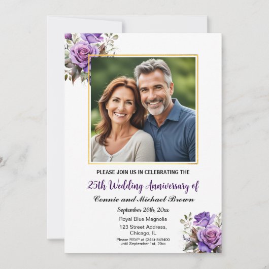 25周年記念結婚金ゴールド枠パープルバラ 招待状 (正面)
