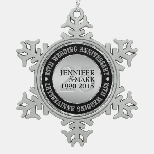 25周年記念結婚金銀&ブラック2 スノーフレークピューターオーナメント (正面)