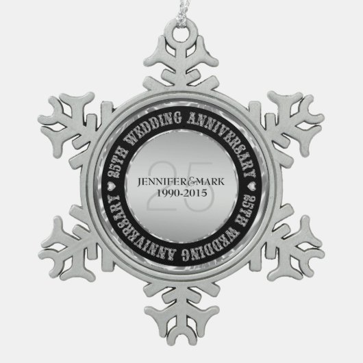 25周年記念結婚金銀&ブラック スノーフレークピューターオーナメント (正面)