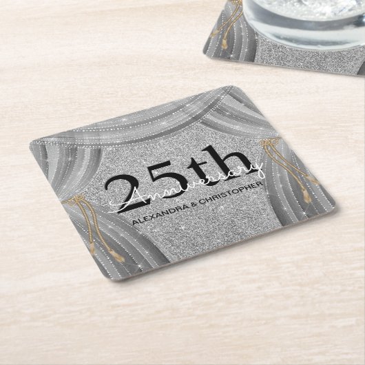 25周年記念結婚銀と黒の輝き スクエアペーパーコースター (アングル)