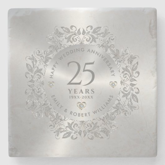 25周年記念結婚銀フレームきらめく ストーンコースター (正面)