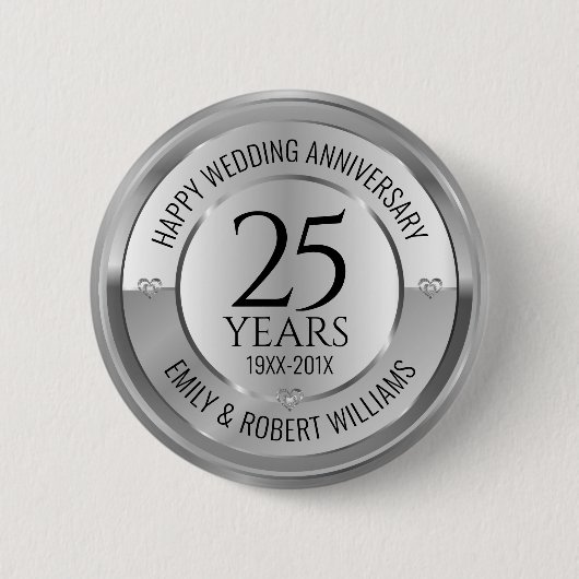 25周年記念結婚黒銀ボタン 缶バッジ (正面)