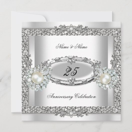 25周年記念 エレガントなホワイト シルバー パールレース2 招待状 (正面)
