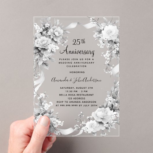 25周年銀結婚花模様が霜を降ろした アクリル招待状 (インサイチュ (ポータブル))