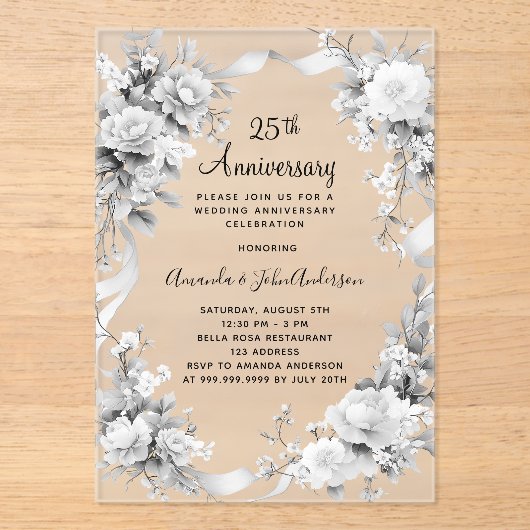 25周年銀結婚花模様が霜を降ろした アクリル招待状 (正面)