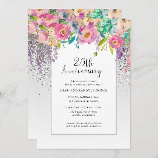 25周年 シルバー ピンク 花の結婚記念日 招待状 (正面/裏面)