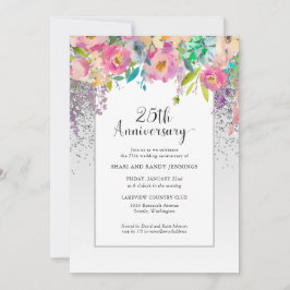 25周年 シルバー ピンク 花 モダン 結婚記念日 招待状