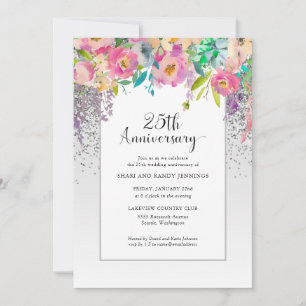 25周年 シルバー ピンク 花 モダン 結婚記念日 招待状