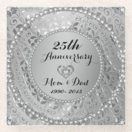 25周年。ダイヤモンドとシルバーの色調 ガラスコースター