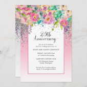 25周年 ピンク シルバー 花柄 結婚記念日 招待状 (正面/裏面)
