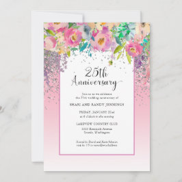 25周年 ピンク シルバー 花柄 結婚記念日 招待状