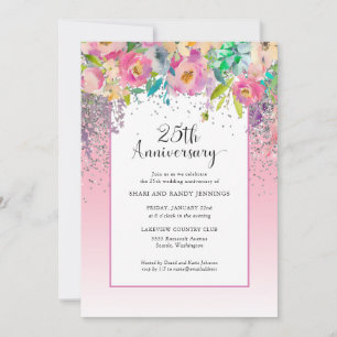 25周年 ピンク シルバー 花柄 結婚記念日 招待状