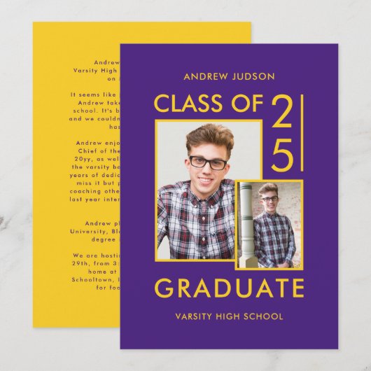 25年度の卒業生のためのモダンなパープル2枚の写真オープンハウス 招待状 (正面/裏面)