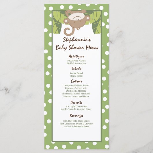 25枚のメニューカードサファリのジャングル猿の緑 メニュー (正面)