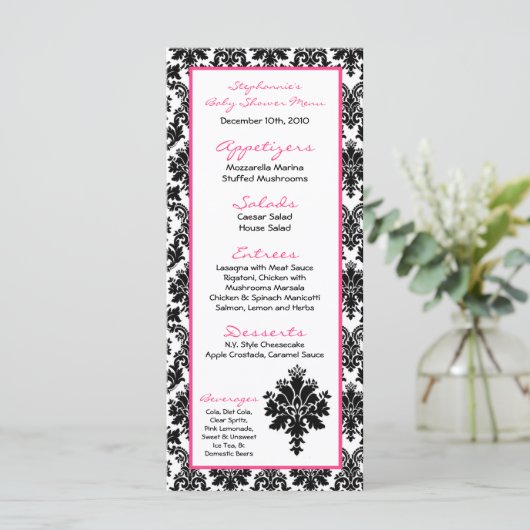 25枚のメニューカードショッキングピンクの黒のダマスク織 メニュー (スタンド正面)