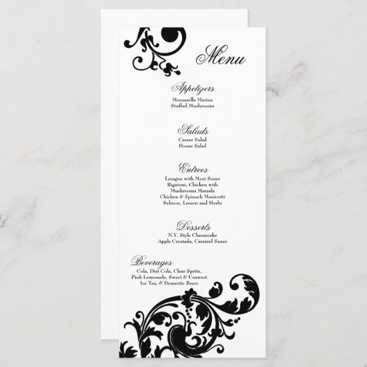 25枚のメニューカード白黒の花の線条細工の花 メニュー (正面/裏面)