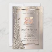 25歳の誕生日おめでとう スパンコールドレスと紙吹雪 アイボリー 招待状 (正面)