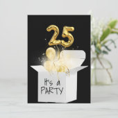 25歳の誕生日ゴールドバルーン 白い箱入り 招待状 (スタンド正面)